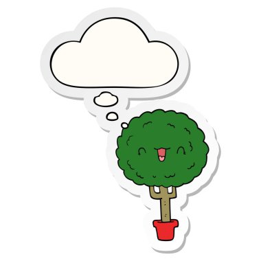 karikatür mutlu ağaç ve basılı bir etiket olarak kabarcık düşünce