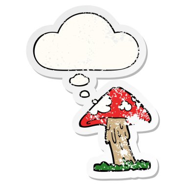 karikatür mantar ve sıkıntılı yıpranmış etiket olarak kabarcık düşünce