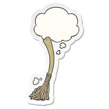 karikatür sihirli süpürge ve baskılı bir etiket olarak kabarcık düşünce
