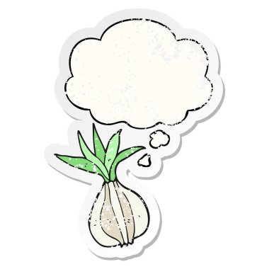 karikatür soğan ve sıkıntılı yıpranmış etiket olarak kabarcık düşünce