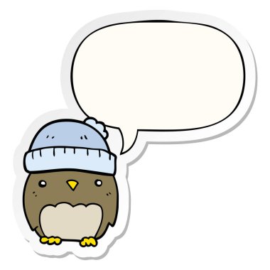 şapka ve konuşma kabarcık etiket sevimli karikatür baykuş