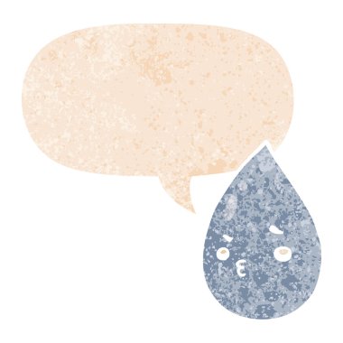 retro dokulu tarzı karikatür sevimli yağmur damlası ve konuşma balonu