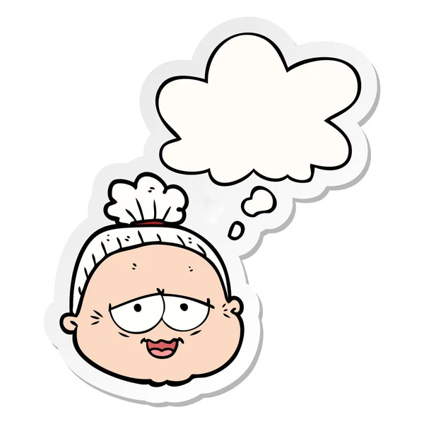 Cartoon old lady and thought bubble as a printed sticker — Stock Vector