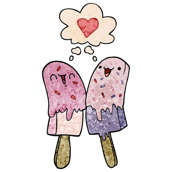 Καρτούν παγωτατζίδικο στην αγάπη και σκέψη φούσκα σε γκραντζ υφή p — Διανυσματικό Αρχείο