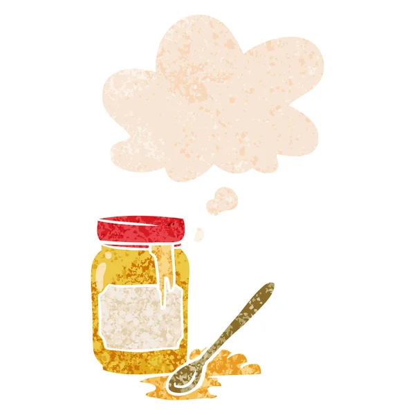 Pot de dessin animé de miel et bulle de pensée dans un style texturé rétro — Image vectorielle