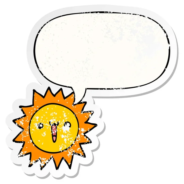 Desenho animado sol e fala bolha adesivo angustiado —  Vetores de Stock