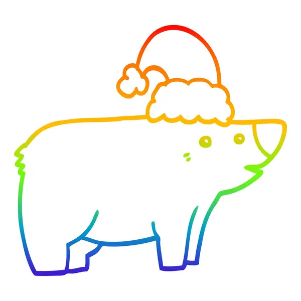 Arco iris gradiente línea dibujo dibujos animados oso con sombrero de Navidad — Vector de stock