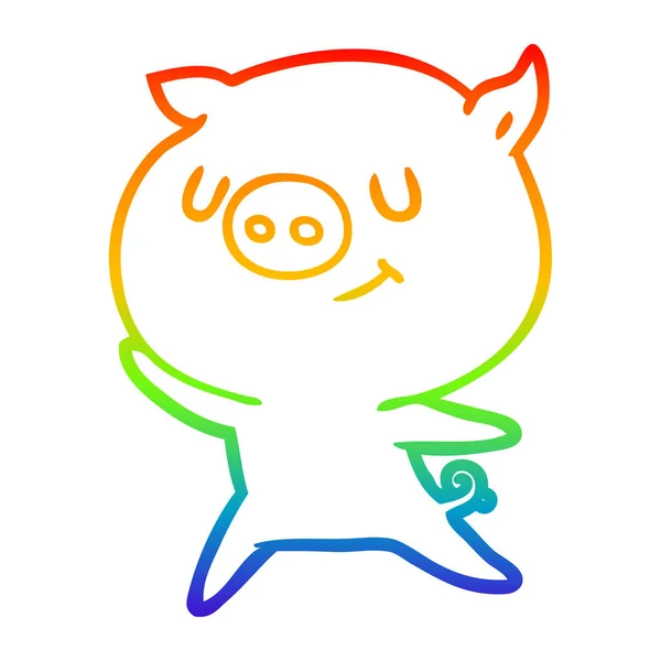 Regenbogen-Gradientenlinie zeichnet glückliches Cartoon-Schwein — Stockvektor