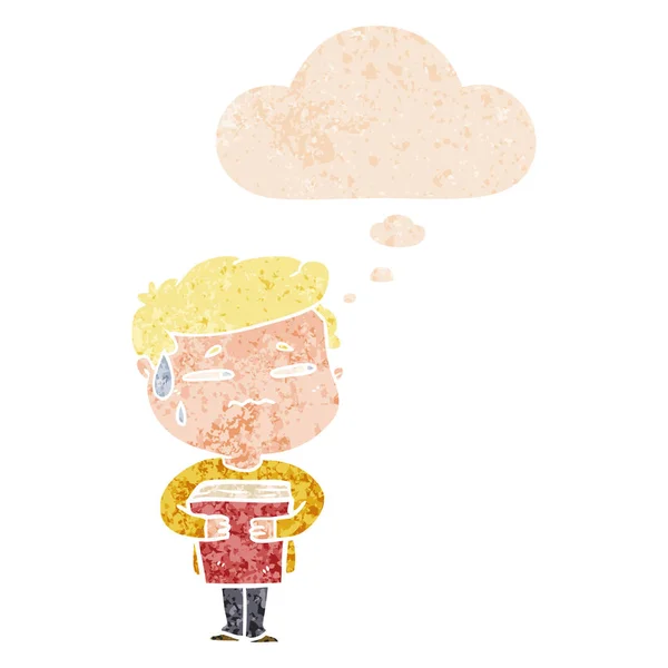 レトロテで本と思考バブルを運ぶ漫画不安少年 — ストックベクタ
