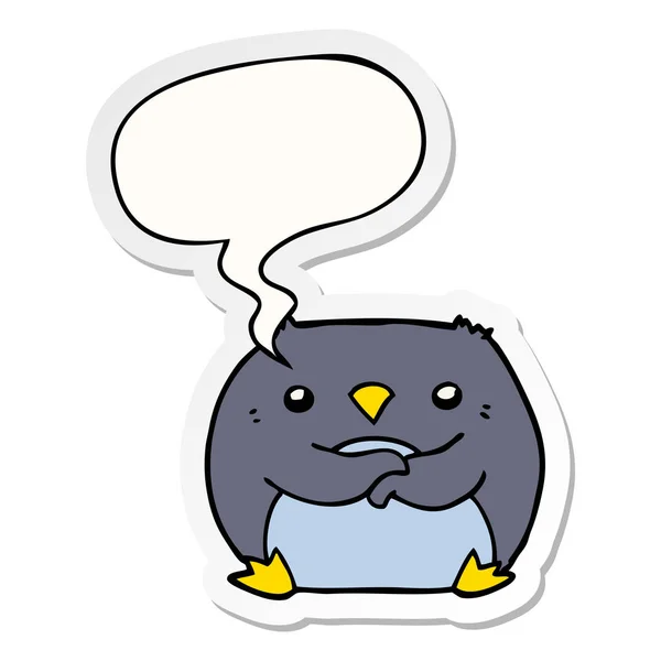 Karikatür penguen ve konuşma kabarcık etiket — Stok Vektör