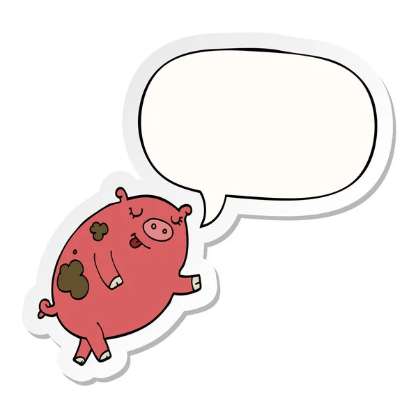 Dessin animé danse cochon et parole bulle autocollant — Image vectorielle