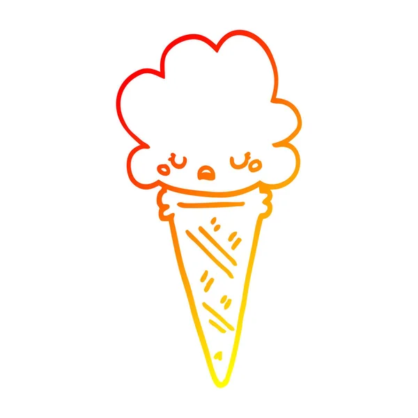 Línea de gradiente caliente dibujo helado de dibujos animados con la cara — Vector de stock
