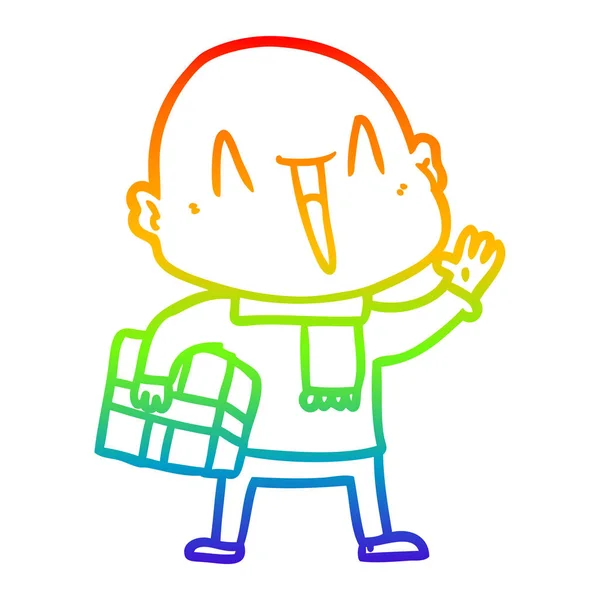 Rainbow gradient line drawing happy cartoon bald man — Stock Vector