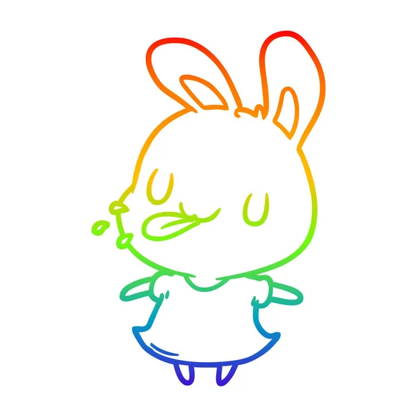 Rainbow gradient line drawing cute rabbit blowing raspberry — Stock Vector