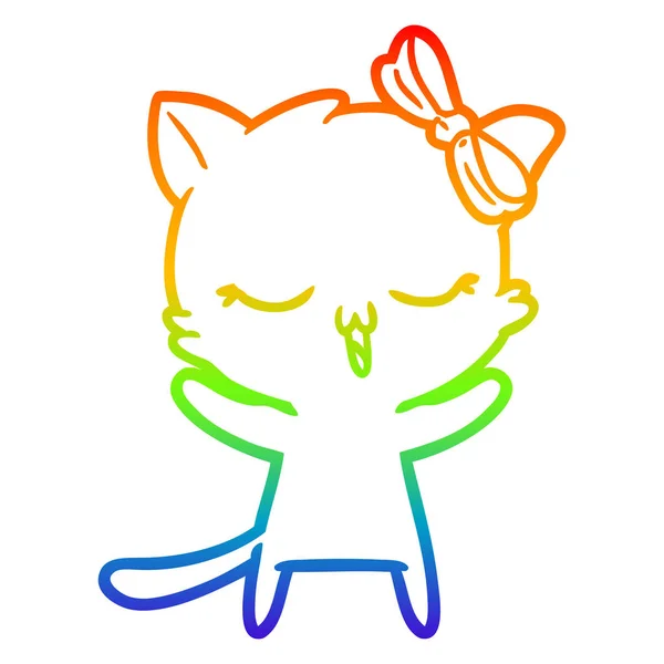 Regenboog gradiënt lijntekening cartoon kat met strik op hoofd — Stockvector