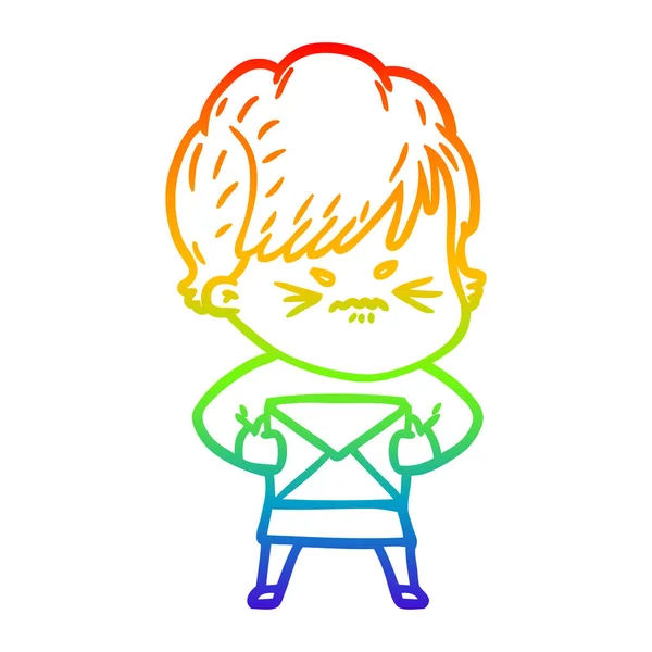 Regenboog gradiënt lijntekening cartoon gefrustreerd vrouw — Stockvector