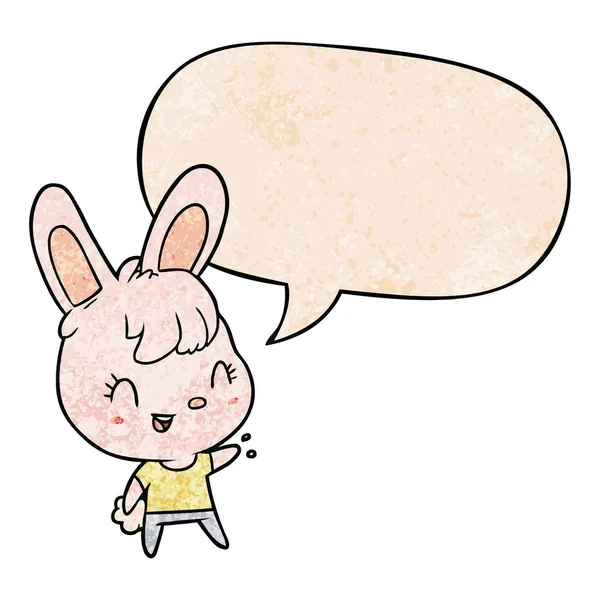 Lindo conejo de dibujos animados y burbuja del habla en estilo de textura retro — Vector de stock