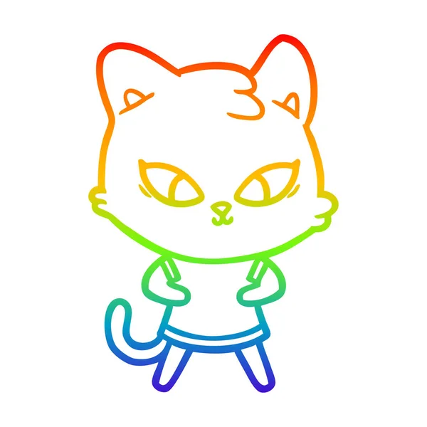 Rainbow gradient line drawing cute cartoon cat — Stock Vector