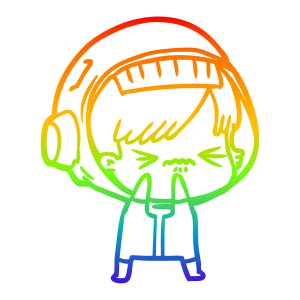 Regenboog gradiënt lijntekening cartoon astronaut vrouw — Stockvector