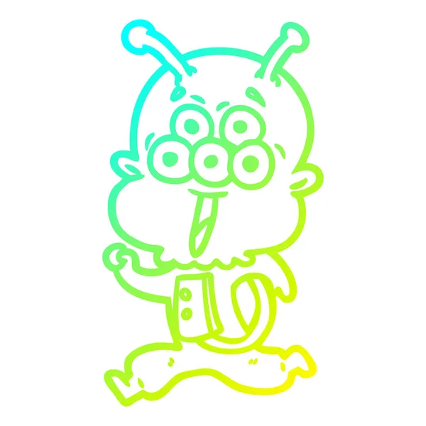 Linea gradiente freddo disegno felice cartone animato alieno in esecuzione — Vettoriale Stock