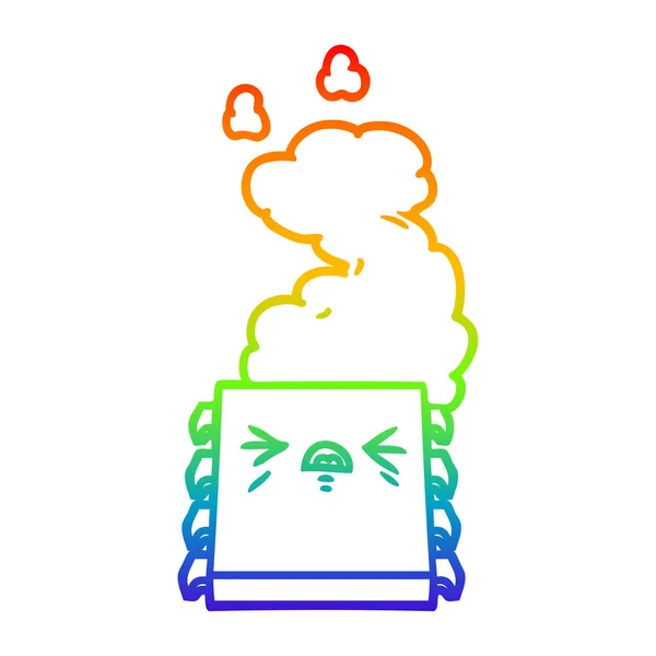 Rainbow gradient line drawing cartoon overheating computer chip — Stock Vector