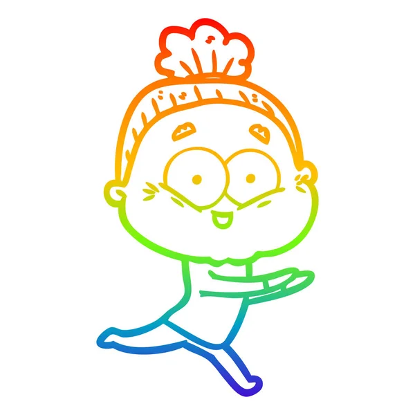 Regenboog gradiënt lijntekening cartoon gelukkig oude vrouw — Stockvector