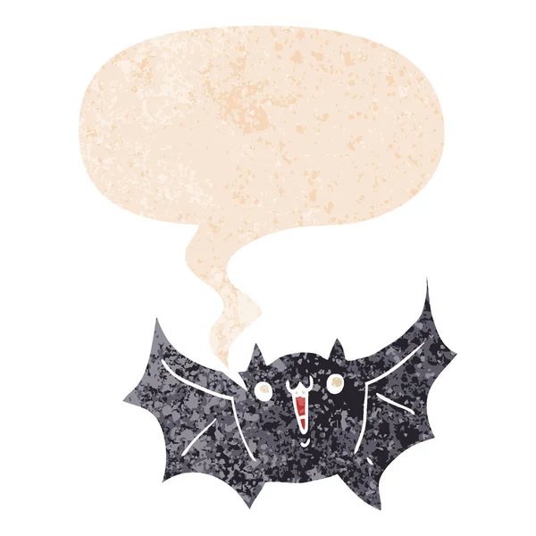 Dibujos animados murciélago vampiro feliz y burbuja de habla en st texturizado retro — Vector de stock