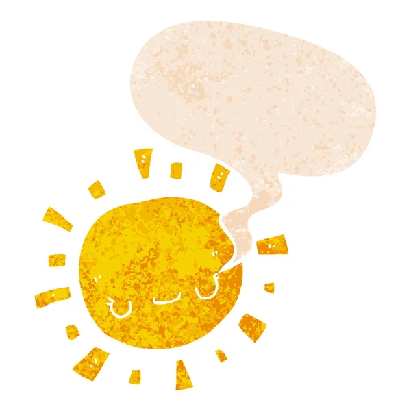 Cartoon sun and speech bubble in retro textured style — Stock Vector
