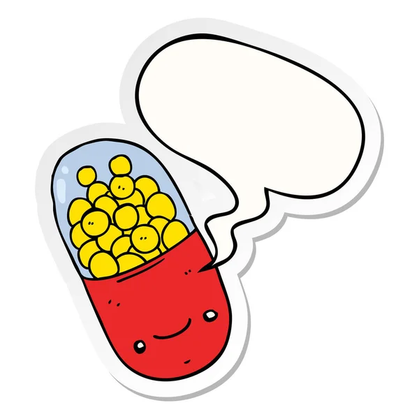 Cartoon pill and speech bubble sticker — Stock Vector