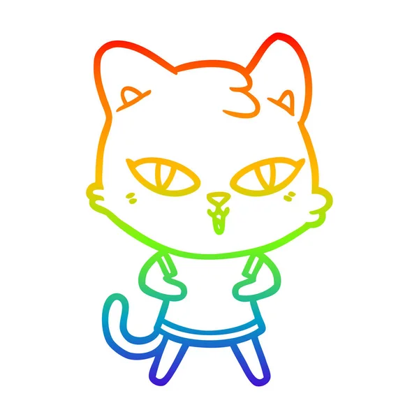 Rainbow gradient linje ritning tecknad katt — Stock vektor