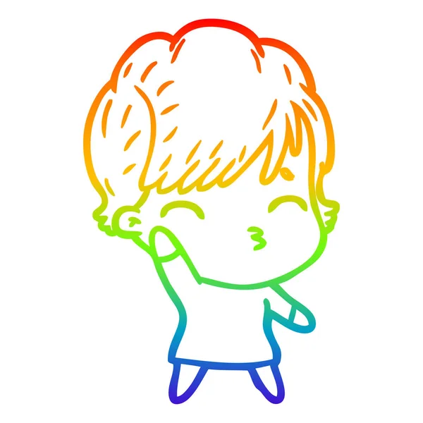 Regenboog gradiënt lijntekening cartoon vrouw denken — Stockvector