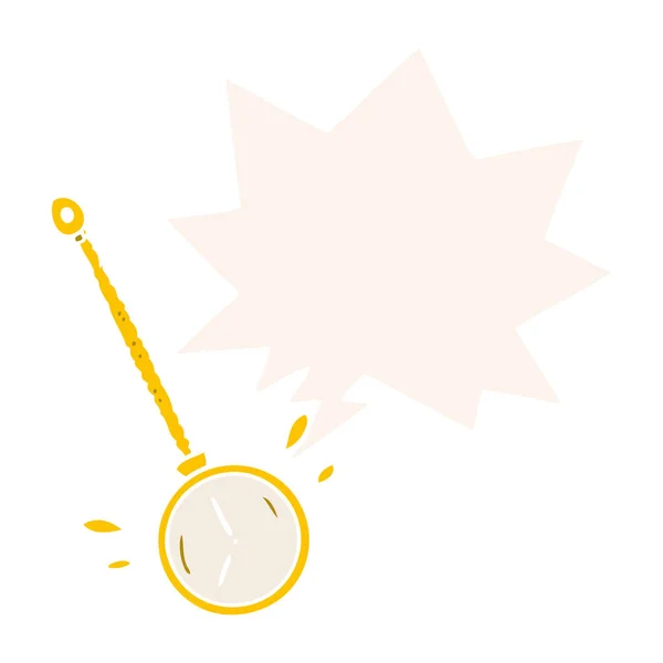 Мультяшна гойдалка золотий гіпнотик годинник і мовна бульбашка в ретро — стоковий вектор