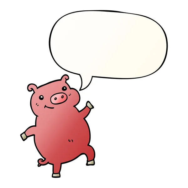 Dessin animé dansant cochon et bulle de parole dans un style de dégradé lisse — Image vectorielle