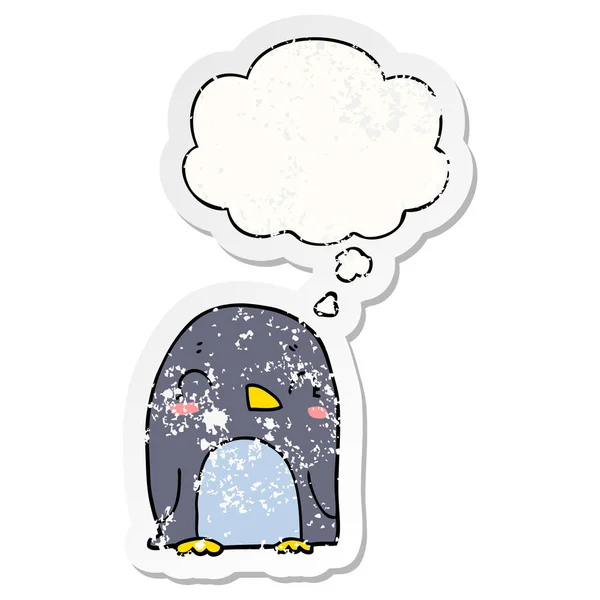 Cartoon-Pinguin und Gedankenblase als verschlissener Aufkleber — Stockvektor