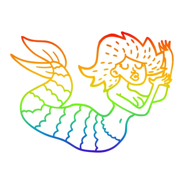 Rainbow gradient line drawing cartoon woman mermaid — Stock Vector