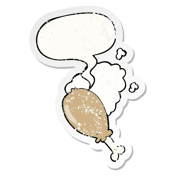 Dibujos animados pierna de pollo y el habla burbuja angustiado etiqueta engomada — Vector de stock