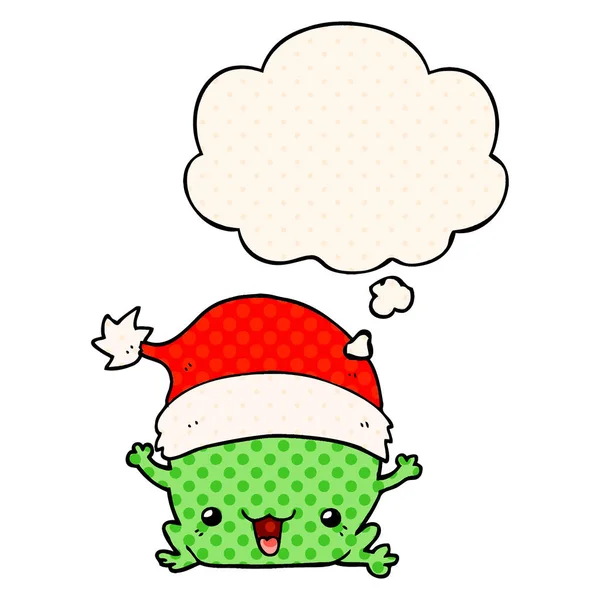 Cute cartoon christmas frog and thought bubble in comic book sty — Stock Vector