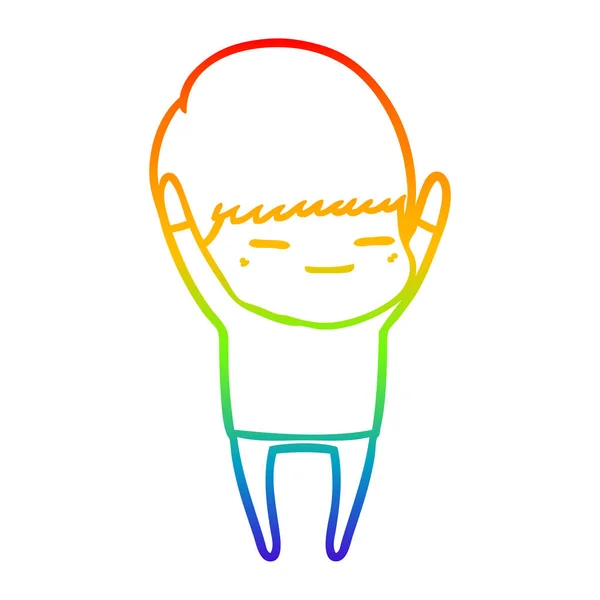 Rainbow gradient line drawing cartoon smug boy — Stock Vector