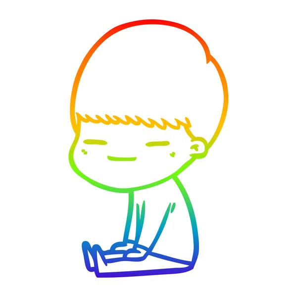 Regenbogen-Gradienten-Linie Zeichnung Karikatur selbstgefälliger Junge sitzt — Stockvektor