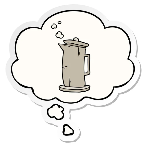 Karikatür eski su ısıtıcısı ve baskılı bir etiket olarak kabarcık düşünce — Stok Vektör