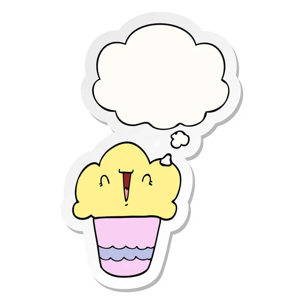 Cupcake dos desenhos animados com rosto e bolha de pensamento como um sticke impresso — Vetor de Stock