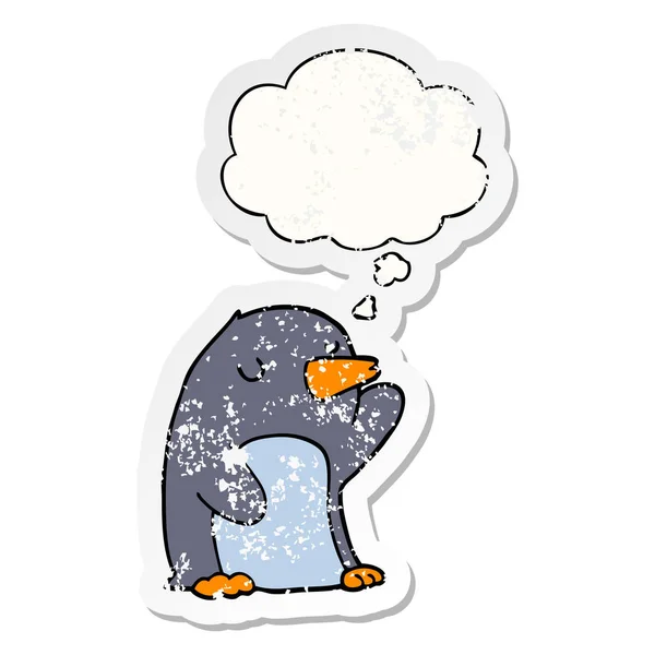 Cartoon pinguïn en dacht Bubble als een verdrietig versleten sticker — Stockvector