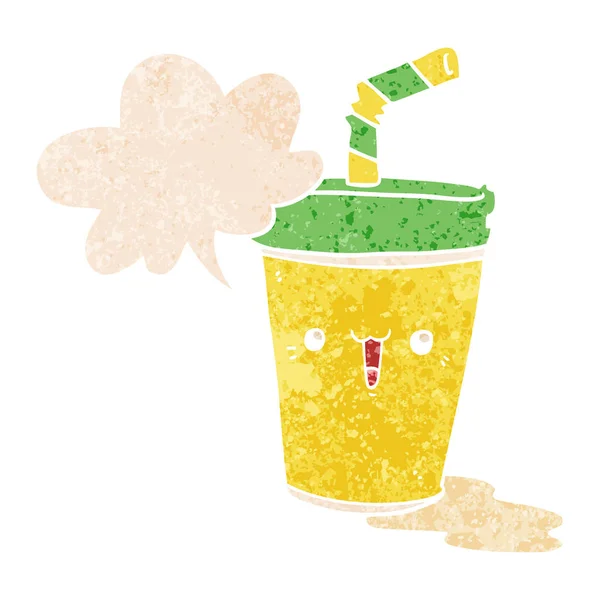 Mignon dessin animé soda et bulle de parole dans un style texturé rétro — Image vectorielle
