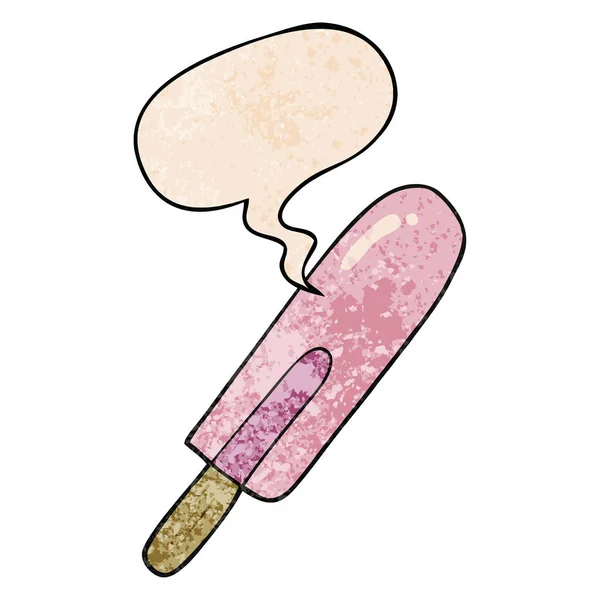 Cartoon Ice lolly och pratbubbla i retro textur stil — Stock vektor