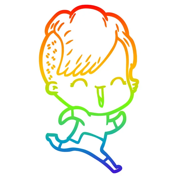 Arco-íris linha gradiente desenho desenho animado feliz hipster menina —  Vetores de Stock