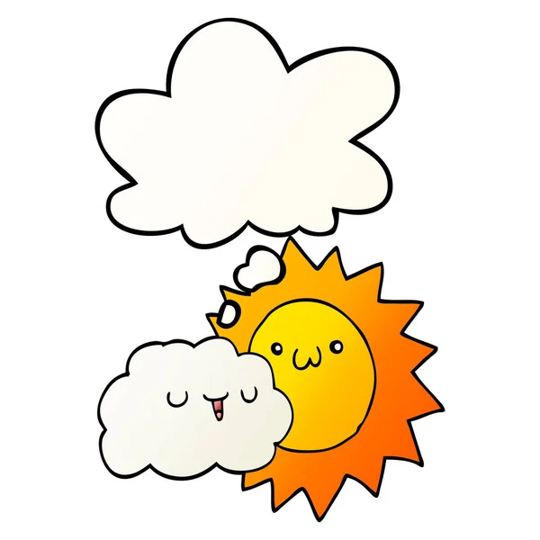 Cartoon sun and cloud and thought bubble in smooth gradient styl — Stock Vector