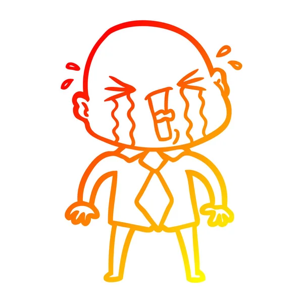Warme Gradientenlinie Zeichnung Karikatur weinender Mann mit Glatze — Stockvektor