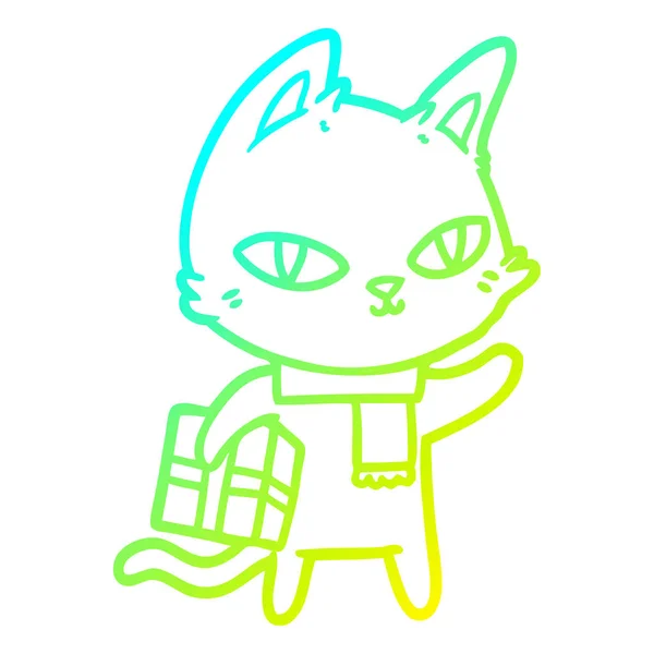 Studená Přechodová čára kresba Kreslená kočka s dárkem — Stockový vektor