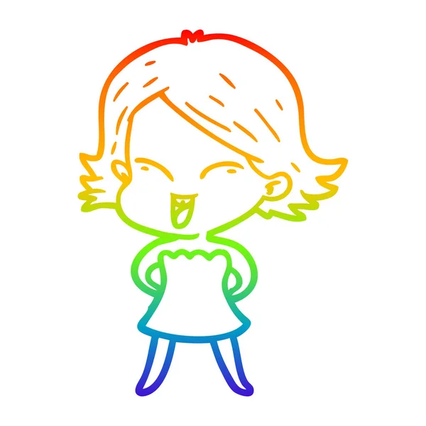 Garis gradien pelangi menggambar gadis kartun bahagia - Stok Vektor
