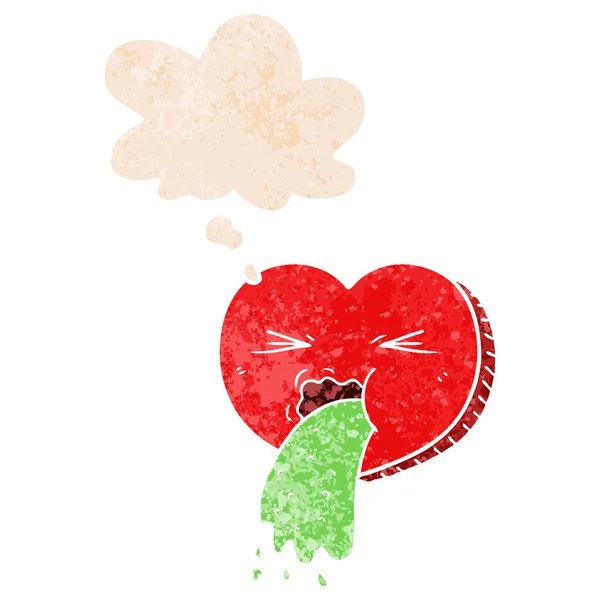 Dibujos animados amor enfermo corazón y pensamiento burbuja en retro texturizado sty — Vector de stock